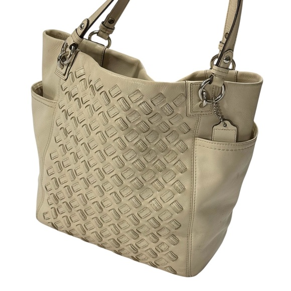 Coach North South Woven Leather Tote Bag Cream Shoulder Bag F10798 - Picture 2 of 15
